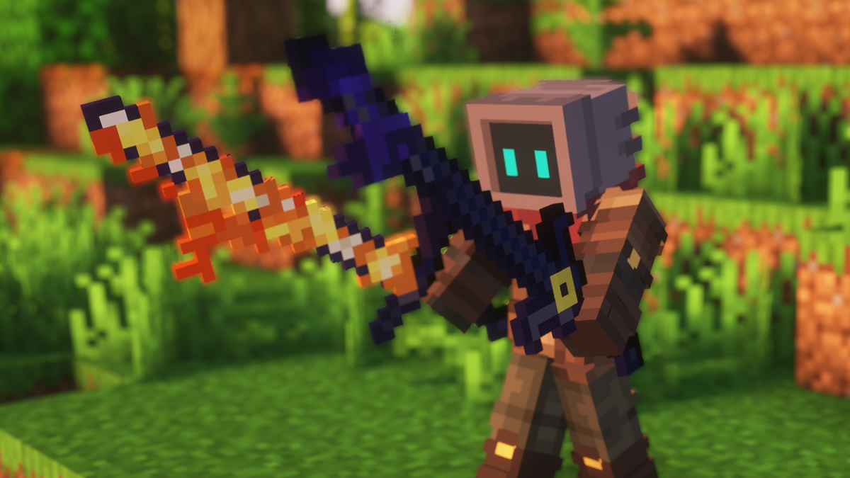 Minecraft-style character holding two fantasy swords in a forest