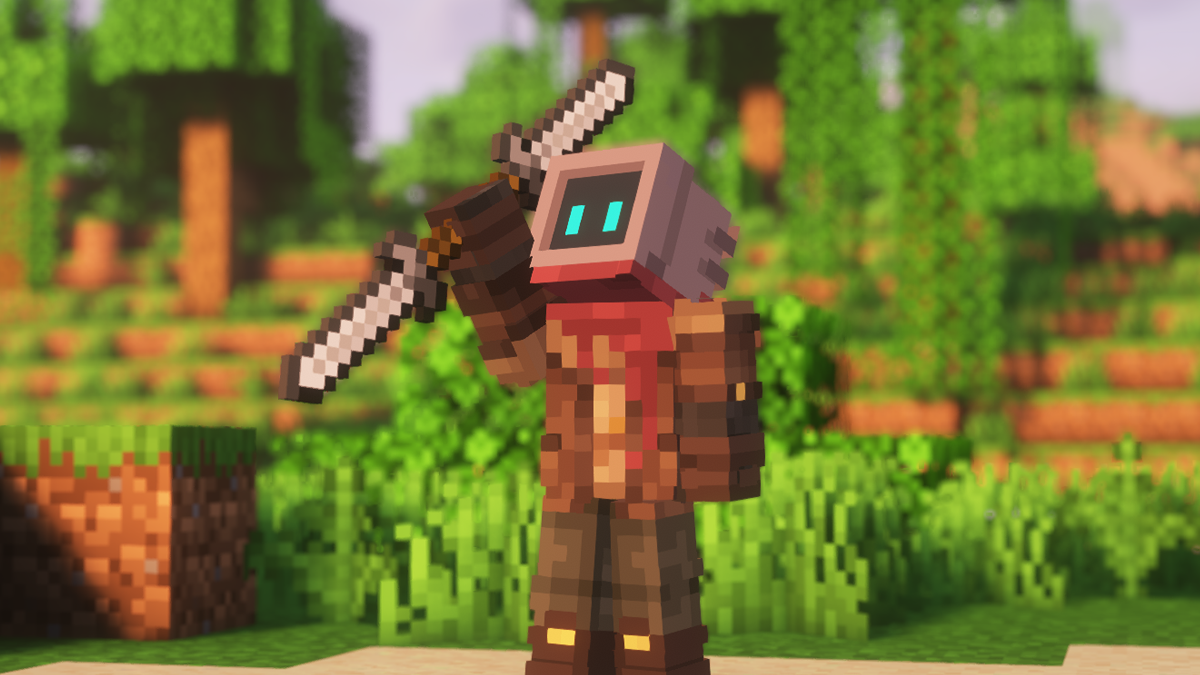 Simply Swords Mod character holding a sword in a Minecraft-style forest