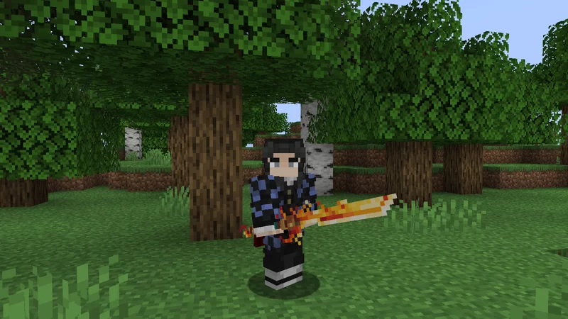 Minecraft player holding a large fantasy sword in a forest