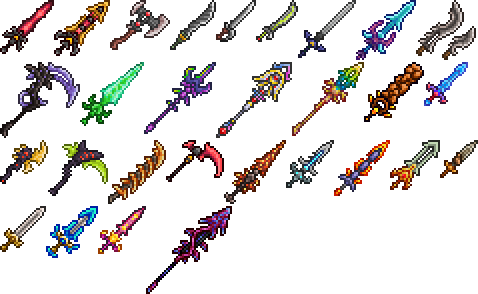 Collection of colorful pixel-style fantasy swords