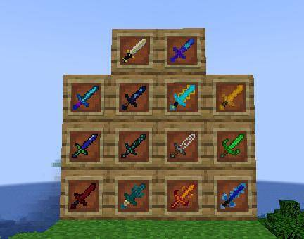 Minecraft sword collection displayed outdoors in item frames