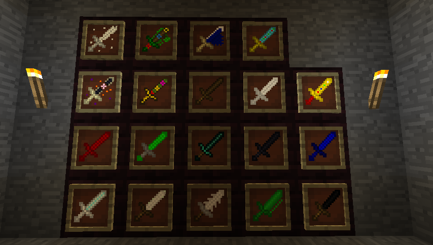 Minecraft sword collection displayed in item frames